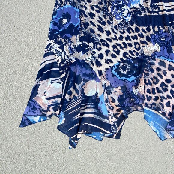 Blue leopard floral handkerchief hem midi skirt, Y2K bohemian eclectic hippie - Picture 2 of 5
